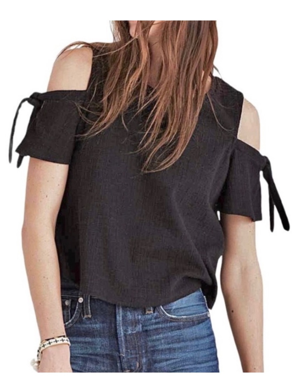 Madewell Skylark Cold Shoulder Bow Tie Swing Top Black Large Preppy Casual